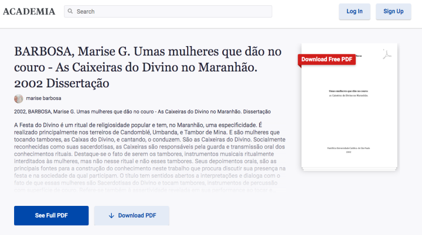 Tela do site Academia.edu apresentando a chamada do artigo. Na imagem contem o texto 'BARBOSA, Marise G. Umas mulheres que dão no couro: As Caixeiras do Divino no Maranhão. 2002. Dissertação (Mestrado em História) - Programa de Pós-Graduação em História Social, Pontifícia Universidade Católica de São Paulo, São Paulo, 2002.'.