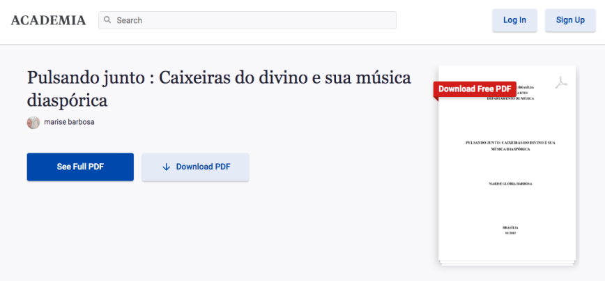 Tela do site Academia.edu apresentando a chamada do artigo. Na imagem contem o texto 'BARBOSA, Marise G. Pulsando junto: Caixeiras do divino e sua música diaspórica.