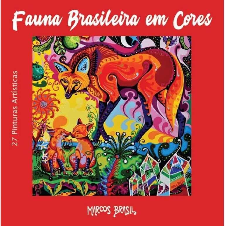 Banner vermelho contendo a ilustração de uma raposa e dois filhotes. Eles estão em campo aberto e muito colorido. Na imagem há o texto 'Fauna Brasileira em Cores' e 'Marcos Brasil'.