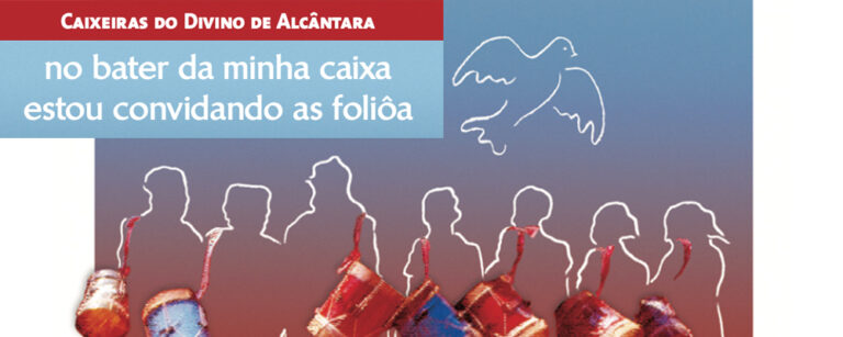 Banner em tons de azul e vermelho contem o texto 'No bater da minha caixa estou convidando as foliôa. No banner há ilustração de uma pomba e o contorno de pessoas.